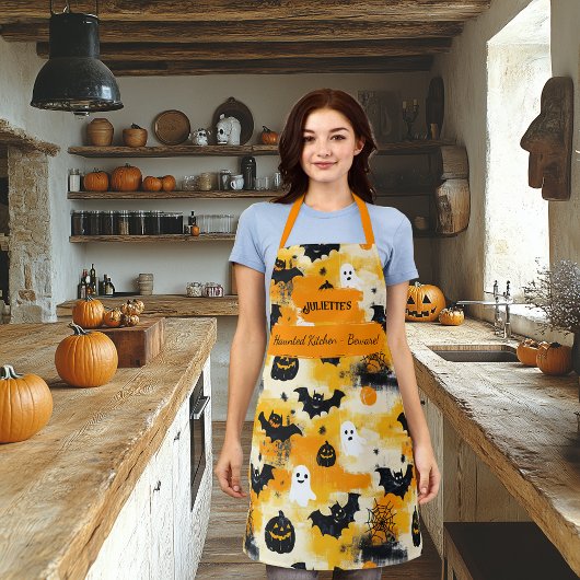 幽霊、カボチャ、こうもり付きイエローハロウィーン エプロン