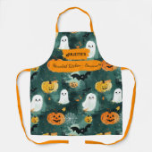 幽霊、カボチャ、こうもり付きダークグリーンハロウィーン エプロン (正面)