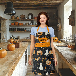 幽霊、カボチャ、こうもり付きブラックハロウィーン エプロン
