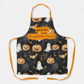 幽霊、カボチャ、こうもり付きブラックハロウィーン エプロン (正面)