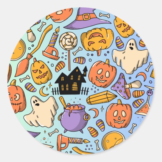 幽霊、カボチャ、猫のハロウィンシームレスデザイン ラウンドシール (正面)