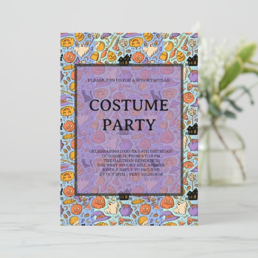 幽霊、カボチャ、猫のハロウィンシームレスデザイン 招待状 (スタンド正面)