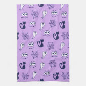 幽霊、クモの巣、黒猫パープル キッチンタオル (縦)