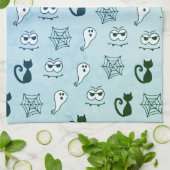 幽霊、クモの巣、黒猫ブルー キッチンタオル (折り畳み)