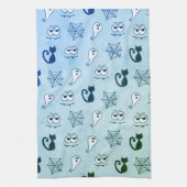 幽霊、クモの巣、黒猫ブルー キッチンタオル (縦)