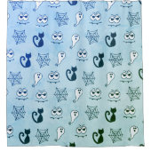 幽霊、クモの巣、黒猫ブルー シャワーカーテン (正面)