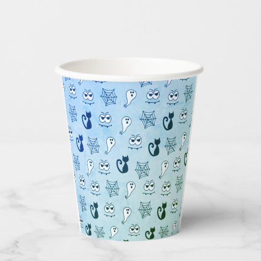 幽霊、クモの巣、黒猫ブルー 紙コップ (正面)
