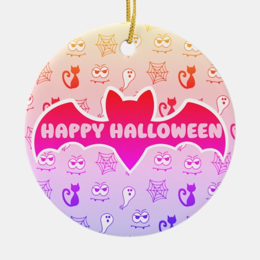 幽霊、クモの巣、黒猫レインボー セラミックオーナメント (正面)