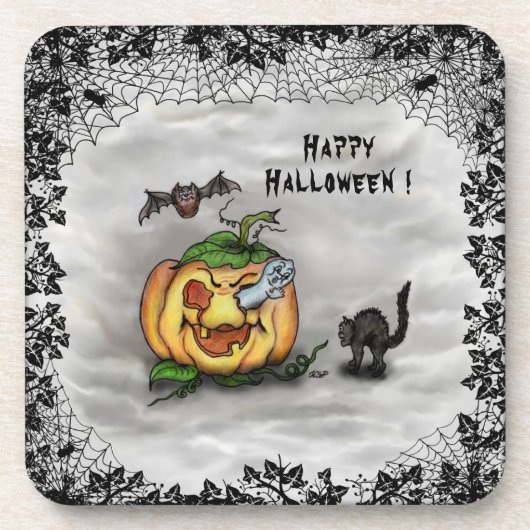 幽霊、ネコ、こうもり、カボチャ、ハッピーハローウィン! コースター (正面)