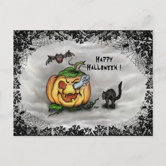 幽霊、ネコ、こうもり、カボチャ、ハッピーハローウィン! ポストカード (正面)
