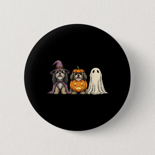 幽霊 ラサ・アプソ かぼちゃ ハロウィン 犬 缶バッジ (正面)