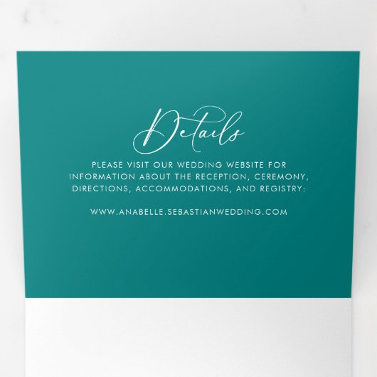 幾何の牧歌的な書道のティール(緑がかった色)結婚の 三つ折り招待状 (内部最初)