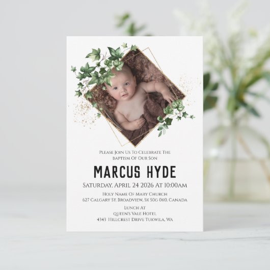 幾何アイビーグリーンバプティスフォト招待状 案内状 (スタンド正面)