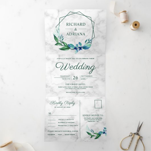 幾何エメモダンラルドグリーンリーフリース結婚ズ 三つ折り招待状 (内部)