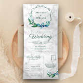 幾何エメモダンラルドグリーンリーフリース結婚ズ 三つ折り招待状