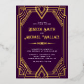 幾何エレガントアールデコ結婚の紫金ゴールド 箔招待状 (正面)
