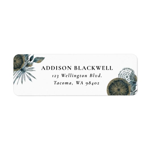 幾何エレガントティール（緑がかった色）ブルー金ゴールド葉 ラベル (正面)