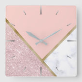 幾何エレガントバラ金ゴールドグリッター白大理石 スクエア壁時計 (正面)
