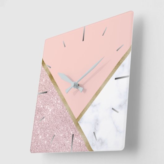 幾何エレガントバラ金ゴールドグリッター白大理石 スクエア壁時計 (傾斜)