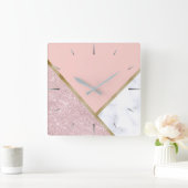 幾何エレガントバラ金ゴールドグリッター白大理石 スクエア壁時計 (ホーム)