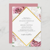 幾何エレガントバラ金ゴールド結婚フローラ 招待状 (正面/裏面)