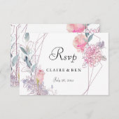 幾何エレガントピンクローズフローラ結婚式RSVP 出欠カード (正面/裏面)