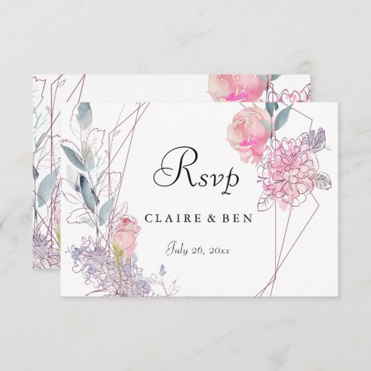 幾何エレガントピンクローズフローラ結婚式RSVP 出欠カード (正面/裏面)