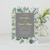 幾何エレガントフレームの葉、グレイ結婚ズ 招待状 (スタンド正面)