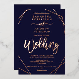 幾何エレガントフレームネイビー結婚ブルースクリプト 箔招待状