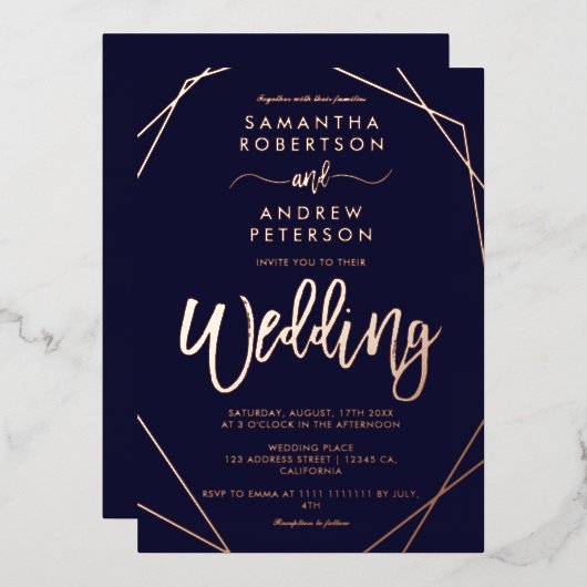 幾何エレガントフレームネイビー結婚ブルースクリプト 箔招待状 (正面/裏面)