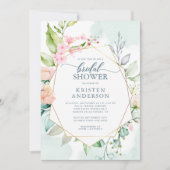 幾何エレガントフローラ水色ブライダルシャワー 招待状 (正面)