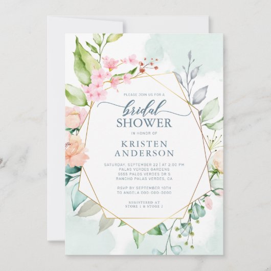 幾何エレガントフローラ水色ブライダルシャワー 招待状 (正面)