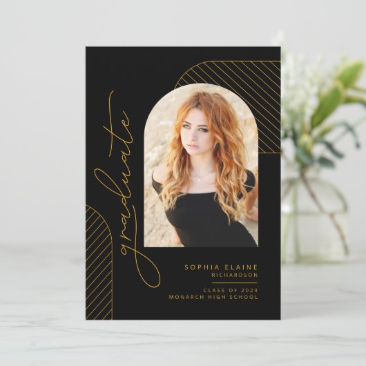 幾何エレガントブラック金ゴールドの卒業 案内状 (スタンド正面)