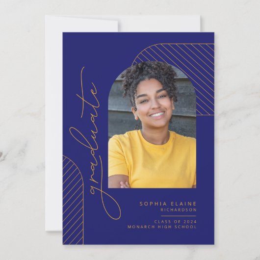 幾何エレガントブルーイエロー金ゴールド卒業 案内状 (正面)