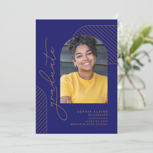 幾何エレガントブルーイエロー金ゴールド卒業 案内状 (スタンド正面)