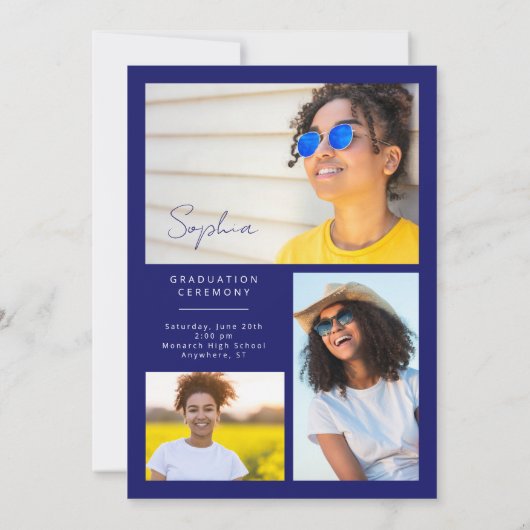 幾何エレガントブルーイエロー金ゴールド卒業 案内状 (裏面)