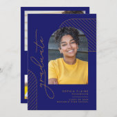 幾何エレガントブルーイエロー金ゴールド卒業 案内状 (正面/裏面)