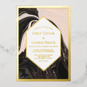 幾何エレガントミニマル白黒結婚金ゴールド 箔招待状 (正面)