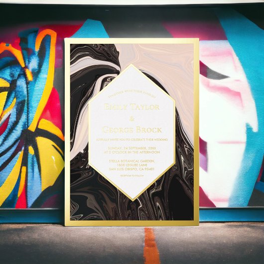 幾何エレガントミニマル白黒結婚金ゴールド 箔招待状