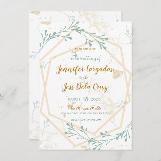 幾何エレガントミント – 金ゴールド結婚式招待状 招待状 (正面/裏面)