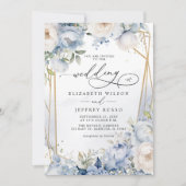 幾何エレガントモダンダスティブルーフローラ結婚ズ 招待状 (正面)
