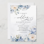 幾何エレガントモダンダスティブルーフローラ結婚ズ 招待状 (正面)