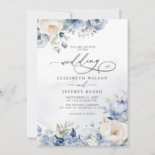幾何エレガントモダンダスティブルーフローラ結婚ズ 招待状 (正面)