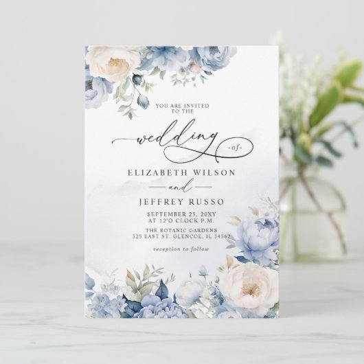 幾何エレガントモダンダスティブルーフローラ結婚ズ 招待状 (スタンド正面)