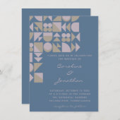 幾何エレガント図形ほこりっぽい青い結婚ループ 招待状 (正面/裏面)