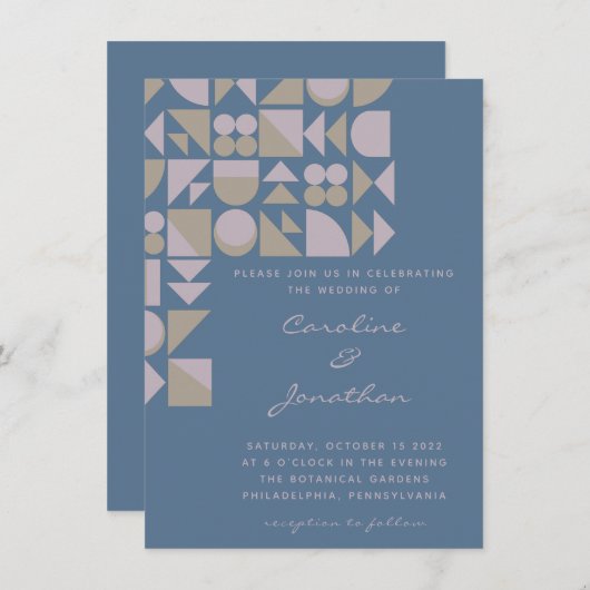 幾何エレガント図形ほこりっぽい青い結婚ループ 招待状 (正面/裏面)