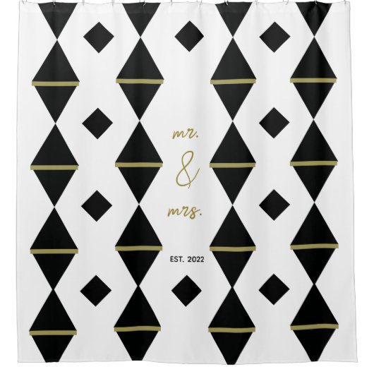 幾何エレガント白黒金ゴールド対結婚数 シャワーカーテン (正面)