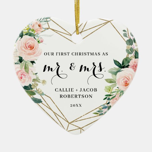 幾何エレガント赤面フローラ初めてのクリスマス セラミックオーナメント (正面)