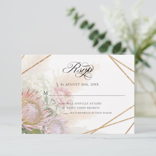 幾何エレガント金ゴールドフローラピンクプロテア結婚ズ 出欠カード (スタンド正面)