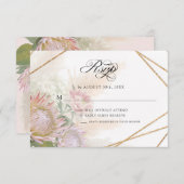 幾何エレガント金ゴールドフローラピンクプロテア結婚ズ 出欠カード (正面/裏面)